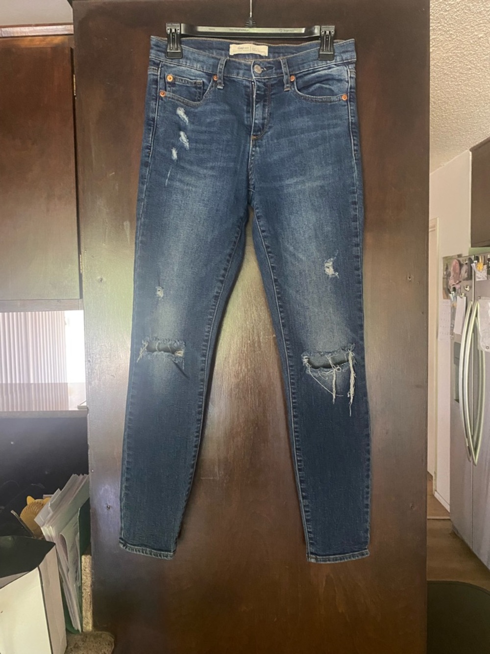 GAP Women's Skinny Jeans in Dark Blue with Distressed Knees